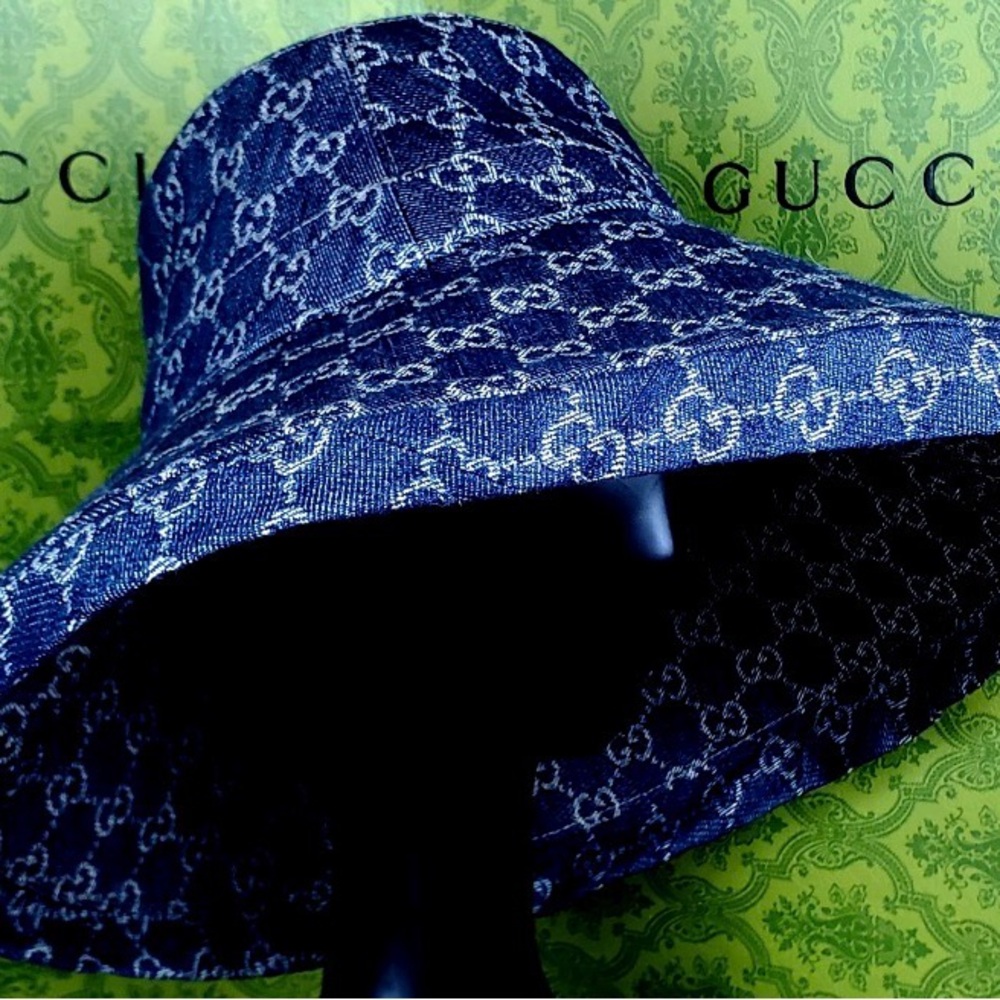 Denim Monogram Bucket Hat w Wide Large Brim Trim Jacquard Sun Coverage Navy Blue - Picture 4 of 16